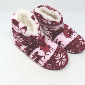 Skyline Collection Ladies Nordic Print Booties Slippers Deer Pink Burgundy 5-7